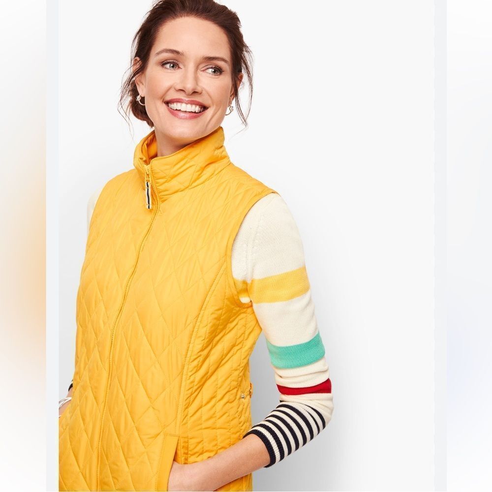 Talbots Yellow Diamond Quilted Nautical Zip Up Vest Blue White Pinstriped Lining